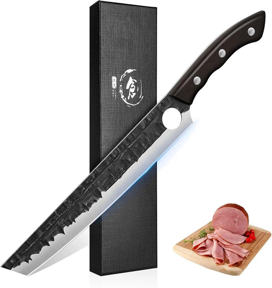 Brisket Carving BBQ Knife - Meat Slicing Trimming | Hand Forged Full Tang Slicer Knives for Meat Cutting Turkey Ham, Gifts for Men Women 9.4"