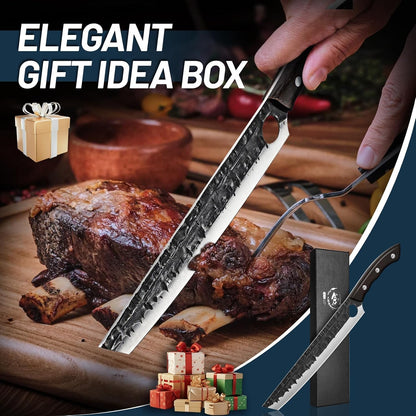 Brisket Carving BBQ Knife - Meat Slicing Trimming | Hand Forged Full Tang Slicer Knives for Meat Cutting Turkey Ham, Gifts for Men Women 9.4"