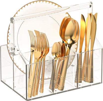 Acrylic Utensil Caddy.Silverware Organizer For Picnic Party | Heavy-Duty Utensils and Paper Plate Holder for Spoons,Forks,Knives Napkins,Plates,Space-Saving Table,Buffet & Party Essential