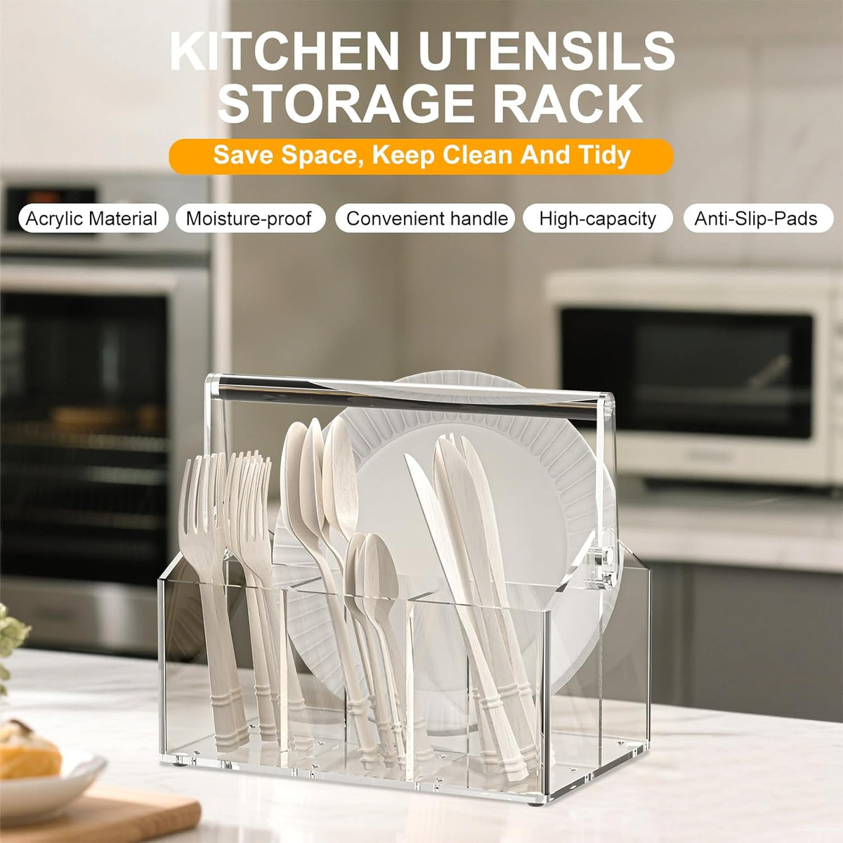 Acrylic Utensil Caddy.Silverware Organizer For Picnic Party | Heavy-Duty Utensils and Paper Plate Holder for Spoons,Forks,Knives Napkins,Plates,Space-Saving Table,Buffet & Party Essential