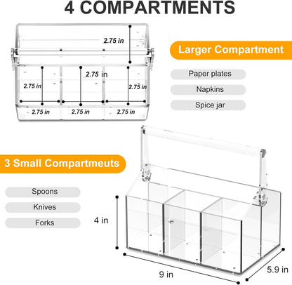 Acrylic Utensil Caddy.Silverware Organizer For Picnic Party | Heavy-Duty Utensils and Paper Plate Holder for Spoons,Forks,Knives Napkins,Plates,Space-Saving Table,Buffet & Party Essential