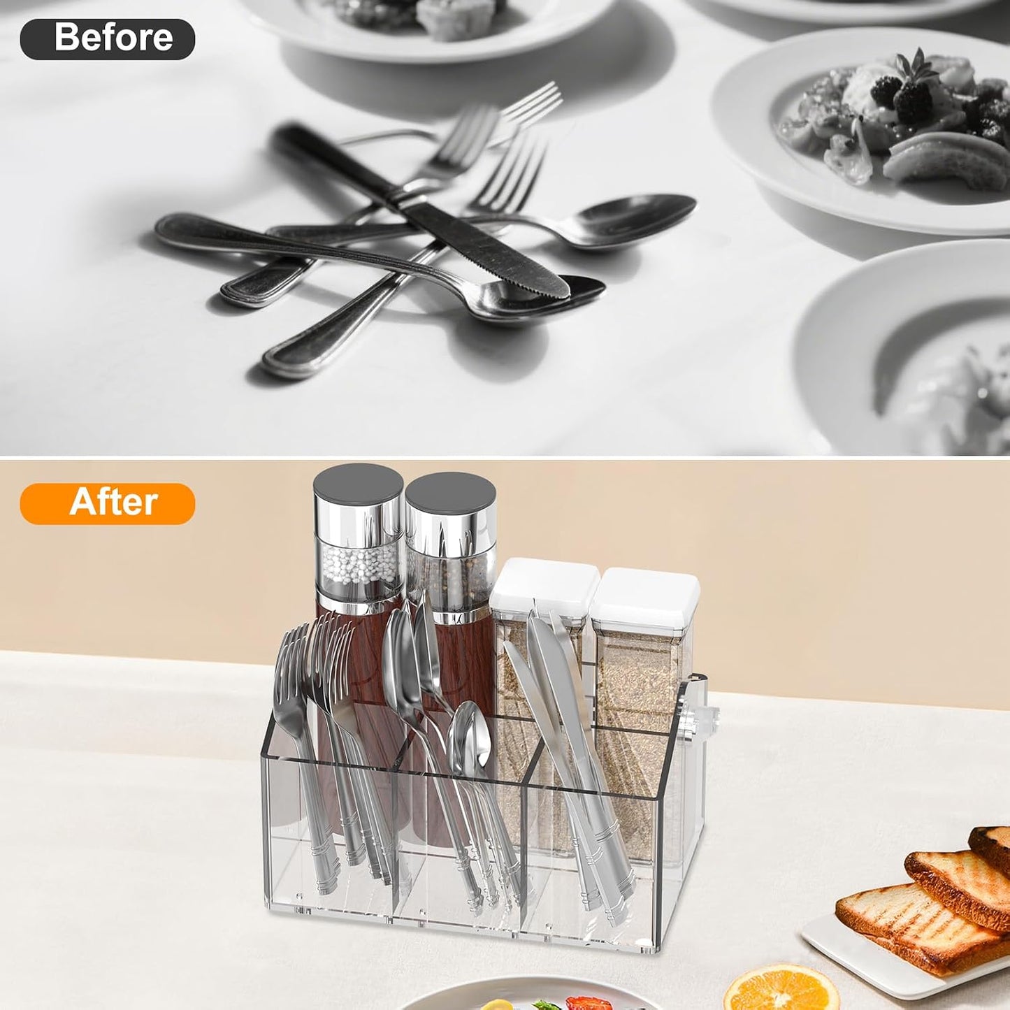 Acrylic Utensil Caddy.Silverware Organizer For Picnic Party | Heavy-Duty Utensils and Paper Plate Holder for Spoons,Forks,Knives Napkins,Plates,Space-Saving Table,Buffet & Party Essential