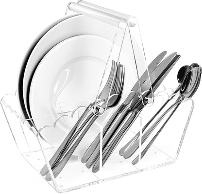 Acrylic Utensil Caddy.Silverware Organizer For Picnic Party | Heavy-Duty Utensils and Paper Plate Holder for Spoons,Forks,Knives Napkins,Plates,Space-Saving Table,Buffet & Party Essential