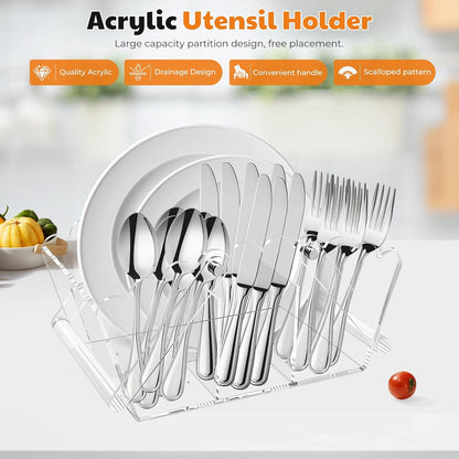 Acrylic Utensil Caddy.Silverware Organizer For Picnic Party | Heavy-Duty Utensils and Paper Plate Holder for Spoons,Forks,Knives Napkins,Plates,Space-Saving Table,Buffet & Party Essential