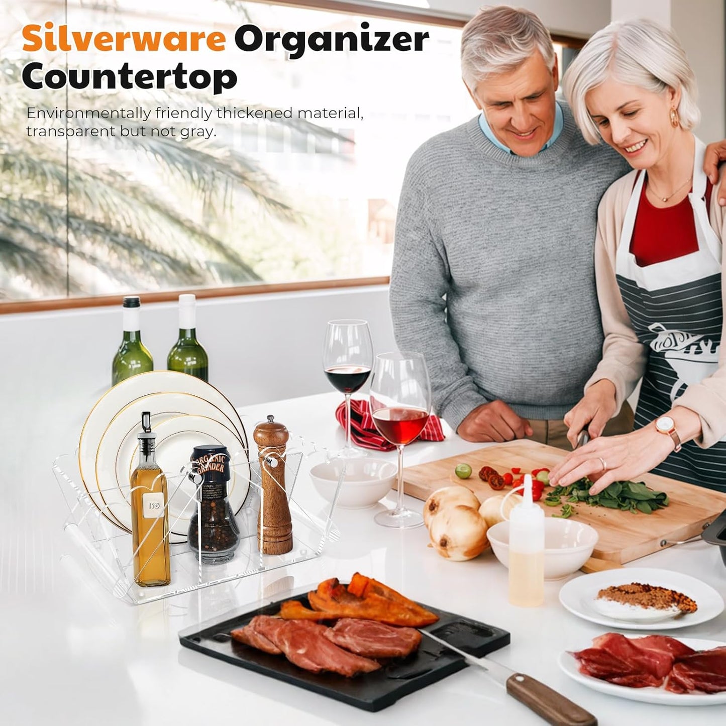 Acrylic Utensil Caddy.Silverware Organizer For Picnic Party | Heavy-Duty Utensils and Paper Plate Holder for Spoons,Forks,Knives Napkins,Plates,Space-Saving Table,Buffet & Party Essential