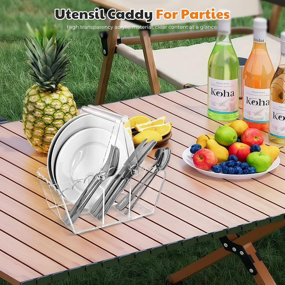Acrylic Utensil Caddy.Silverware Organizer For Picnic Party | Heavy-Duty Utensils and Paper Plate Holder for Spoons,Forks,Knives Napkins,Plates,Space-Saving Table,Buffet & Party Essential