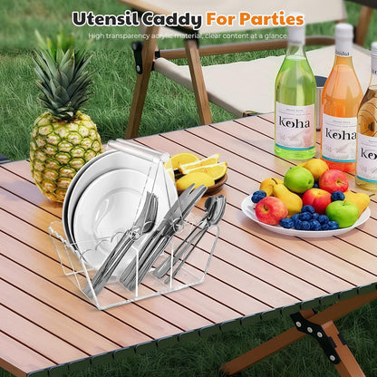 Acrylic Utensil Caddy.Silverware Organizer For Picnic Party | Heavy-Duty Utensils and Paper Plate Holder for Spoons,Forks,Knives Napkins,Plates,Space-Saving Table,Buffet & Party Essential