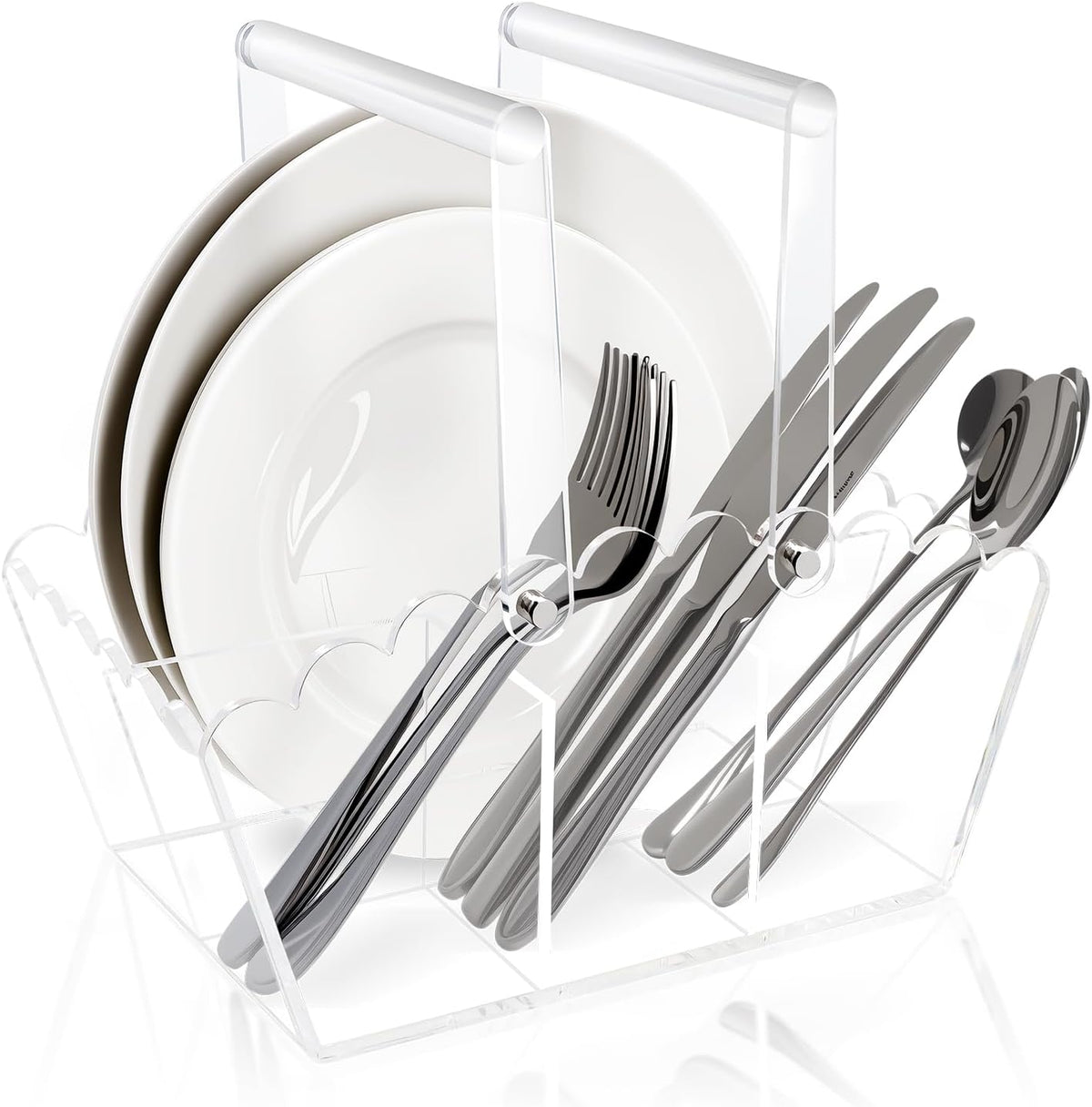 Acrylic Utensil Caddy.Silverware Organizer For Picnic Party | Heavy-Duty Utensils and Paper Plate Holder for Spoons,Forks,Knives Napkins,Plates,Space-Saving Table,Buffet & Party Essential