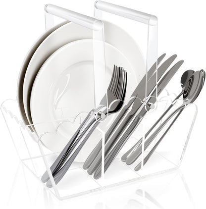 Acrylic Utensil Caddy.Silverware Organizer For Picnic Party | Heavy-Duty Utensils and Paper Plate Holder for Spoons,Forks,Knives Napkins,Plates,Space-Saving Table,Buffet & Party Essential