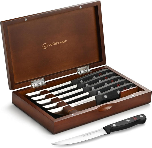 Wusthof Gourmet 6 Piece Steak Knife Set with Wood Case (Black Handles)