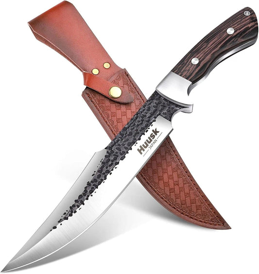 Huusk Fixed Blade Bowie Knife - 8" Hunting Knife with Sheath | Full Tang Survival Knives with Ergonomic Wood Handle, Outdoor Bushcraft Knives for Camping Hiking Fishing BBQ, Gifts for Men