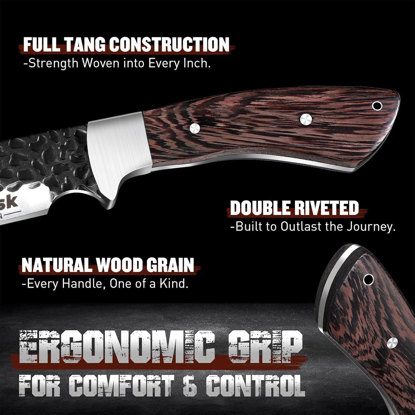 Huusk Fixed Blade Bowie Knife - 8" Hunting Knife with Sheath | Full Tang Survival Knives with Ergonomic Wood Handle, Outdoor Bushcraft Knives for Camping Hiking Fishing BBQ, Gifts for Men