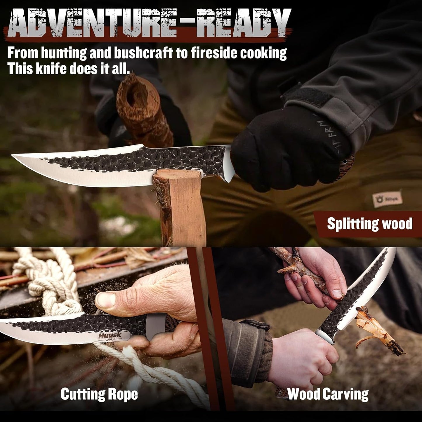 Huusk Fixed Blade Bowie Knife - 8" Hunting Knife with Sheath | Full Tang Survival Knives with Ergonomic Wood Handle, Outdoor Bushcraft Knives for Camping Hiking Fishing BBQ, Gifts for Men