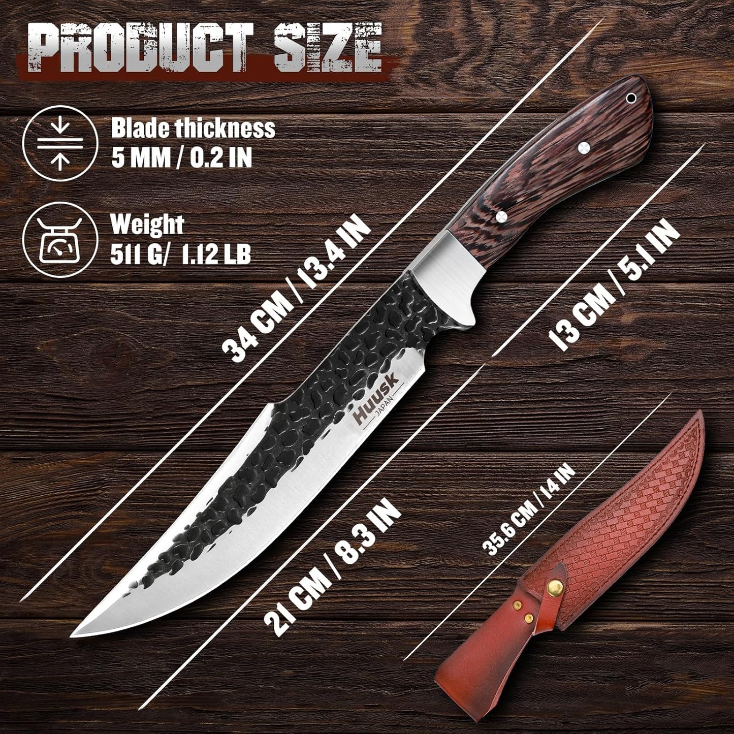 Huusk Fixed Blade Bowie Knife - 8" Hunting Knife with Sheath | Full Tang Survival Knives with Ergonomic Wood Handle, Outdoor Bushcraft Knives for Camping Hiking Fishing BBQ, Gifts for Men