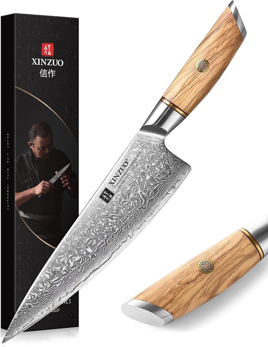 8.3 Inch Chef Knife 73 Layer Damascus Powder Steel, Professional Kitchen Cooking Knife Gyuto Knife, Hand Forged Sharp Blade Slicing Knife with Olive Wood Handle -Lan Series