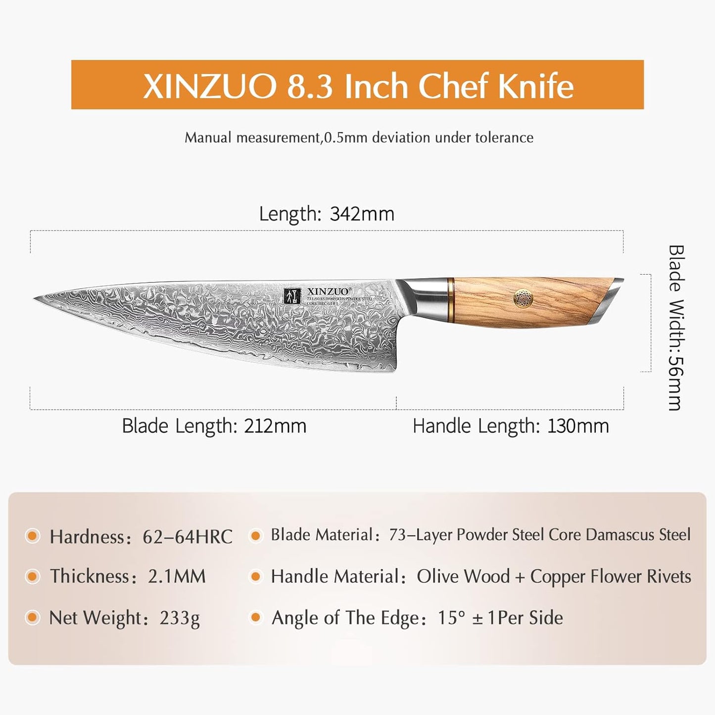 8.3 Inch Chef Knife 73 Layer Damascus Powder Steel, Professional Kitchen Cooking Knife Gyuto Knife, Hand Forged Sharp Blade Slicing Knife with Olive Wood Handle -Lan Series