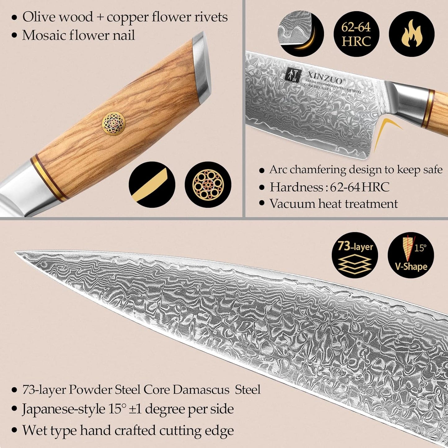 8.3 Inch Chef Knife 73 Layer Damascus Powder Steel, Professional Kitchen Cooking Knife Gyuto Knife, Hand Forged Sharp Blade Slicing Knife with Olive Wood Handle -Lan Series