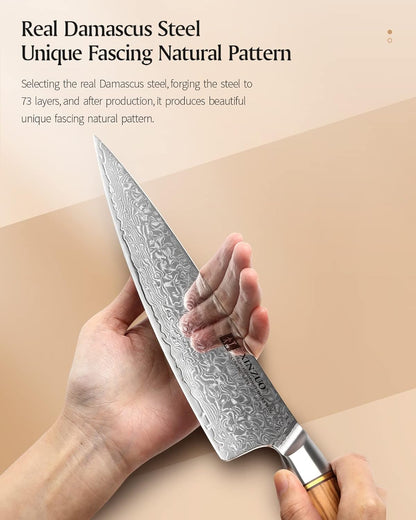 8.3 Inch Chef Knife 73 Layer Damascus Powder Steel, Professional Kitchen Cooking Knife Gyuto Knife, Hand Forged Sharp Blade Slicing Knife with Olive Wood Handle -Lan Series