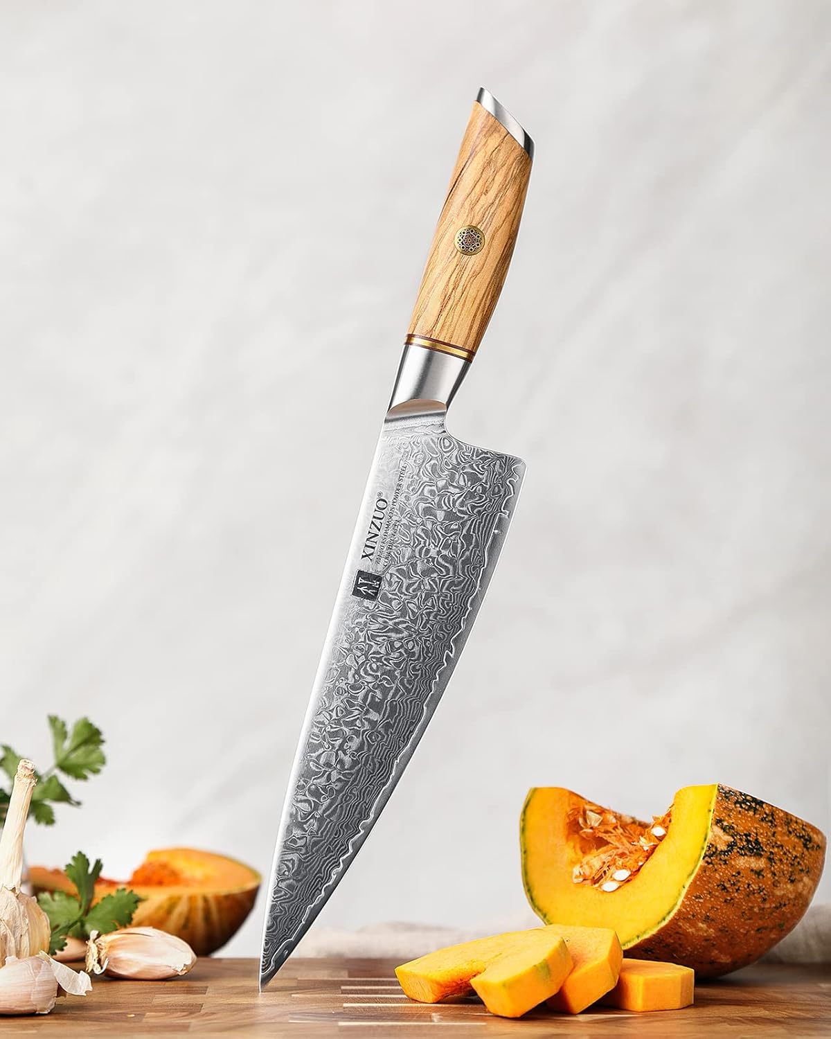 8.3 Inch Chef Knife 73 Layer Damascus Powder Steel, Professional Kitchen Cooking Knife Gyuto Knife, Hand Forged Sharp Blade Slicing Knife with Olive Wood Handle -Lan Series