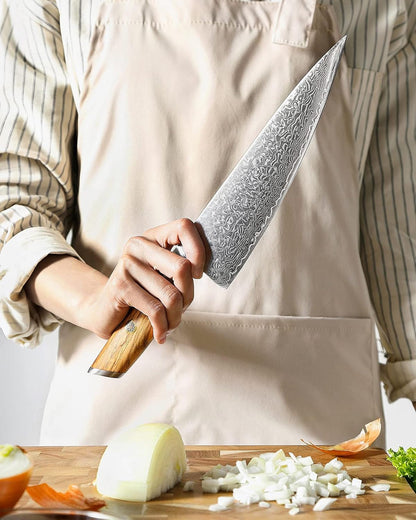 8.3 Inch Chef Knife 73 Layer Damascus Powder Steel, Professional Kitchen Cooking Knife Gyuto Knife, Hand Forged Sharp Blade Slicing Knife with Olive Wood Handle -Lan Series