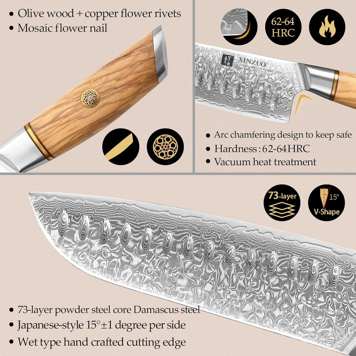 8.3 Inch Chef Knife 73 Layer Damascus Powder Steel, Professional Kitchen Cooking Knife Gyuto Knife, Hand Forged Sharp Blade Slicing Knife with Olive Wood Handle -Lan Series
