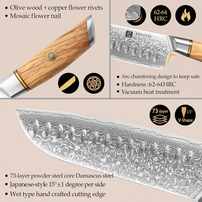 8.3 Inch Chef Knife 73 Layer Damascus Powder Steel, Professional Kitchen Cooking Knife Gyuto Knife, Hand Forged Sharp Blade Slicing Knife with Olive Wood Handle -Lan Series