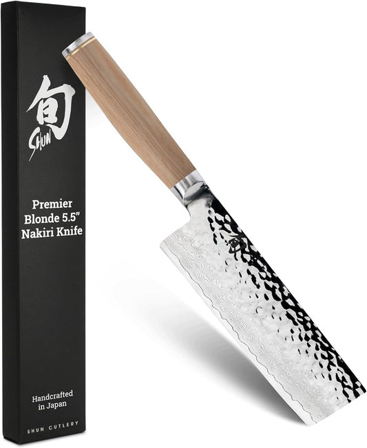 Premier Blonde 5.5" Nakiri Knife | Handcrafted Japanese Vegetable Knife, Slicing Tool, VG-MAX Core, Damascus Stainless Steel Cladding, Pakkawood Handle