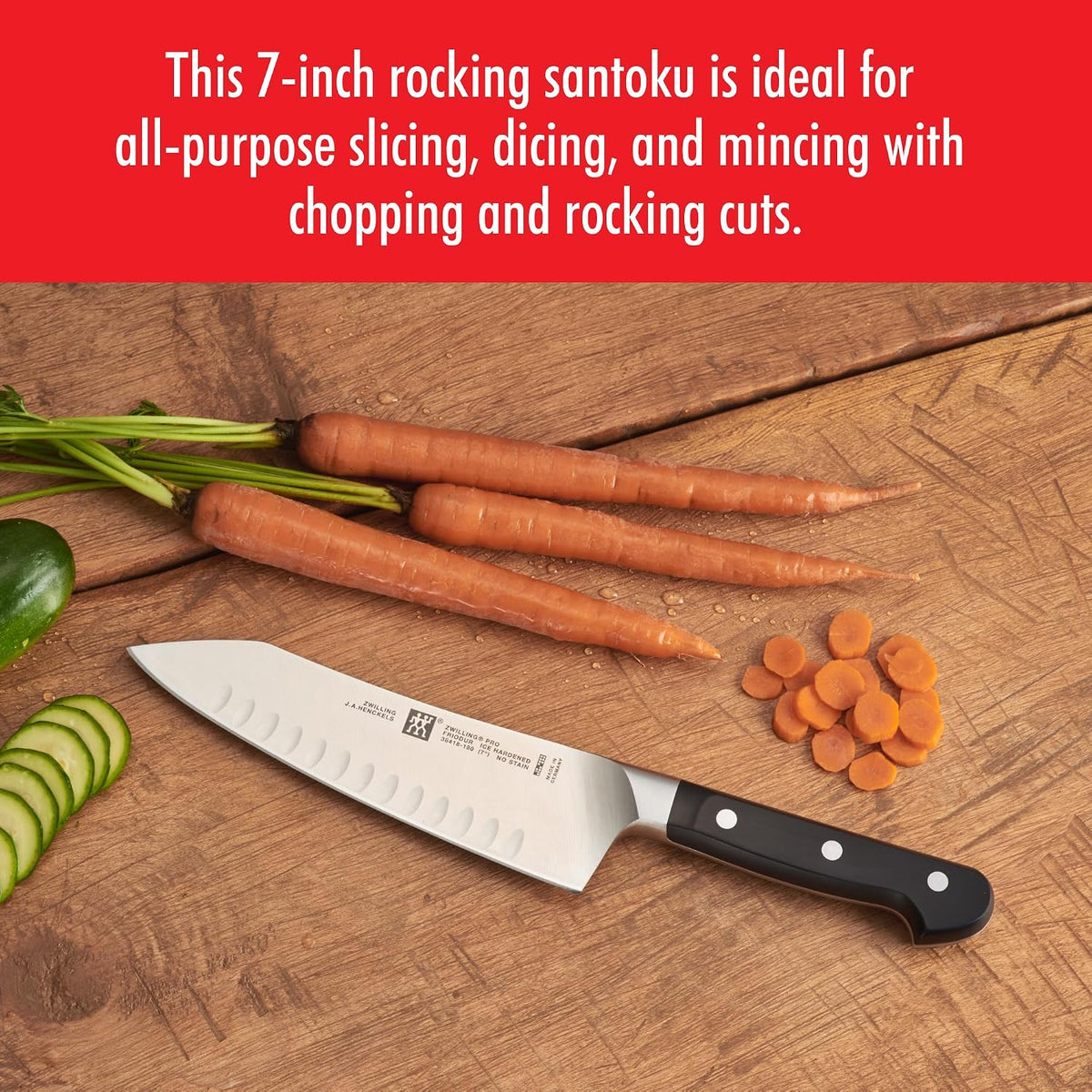 Pro 5.5-inch Razor-Sharp German Rocking Santoku Knife, Made in Company-Owned German Factory with Special Formula Steel perfected for almost 300 Years, Dishwasher Safe