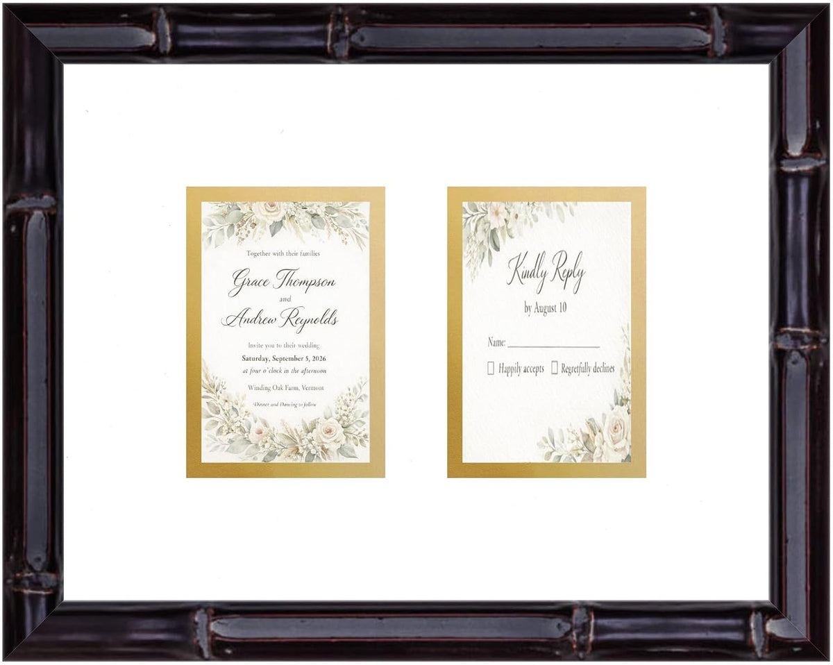 Heirloom 3.5x5 Enclosure Invitation and RSVP Keepsake Frame in Brown Genuine Hardwood 13.5x10.75 Artisan-Cut Double Mat White Paired With Metallic Gold Timeless Display