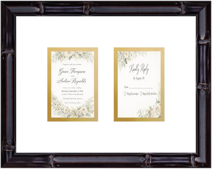 Heirloom 3.5x5 Enclosure Invitation and RSVP Keepsake Frame in Brown Genuine Hardwood 13.5x10.75 Artisan-Cut Double Mat White Paired With Metallic Gold Timeless Display