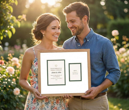 Heirloom 3.5x5 Enclosure Invitation and RSVP Keepsake Frame in Brown Genuine Hardwood 13.5x10.75 Artisan-Cut Double Mat White Paired With Metallic Gold Timeless Display
