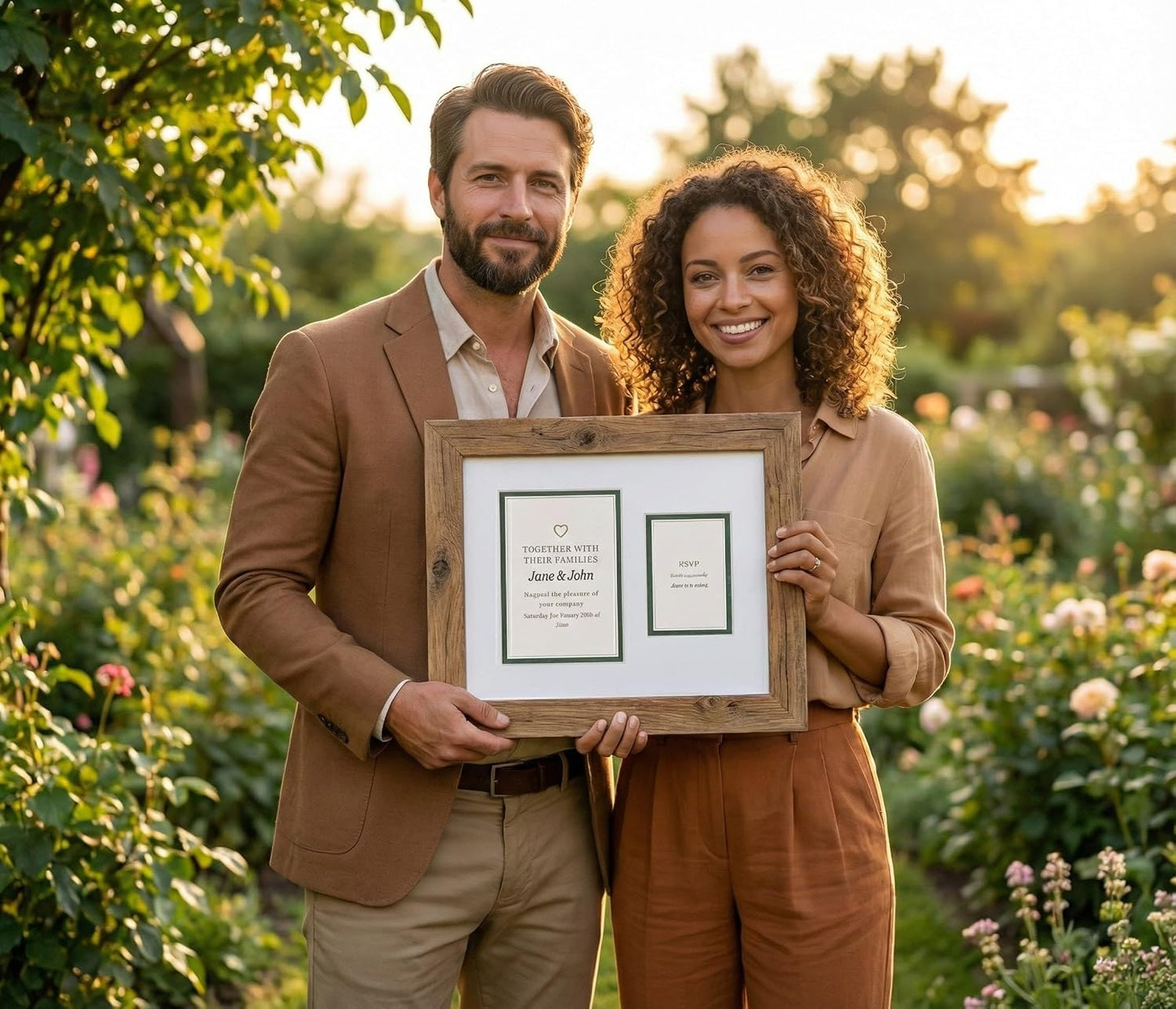 Heirloom 3.5x5 Enclosure Invitation and RSVP Keepsake Frame in Brown Genuine Hardwood 13.5x10.75 Artisan-Cut Double Mat White Paired With Metallic Gold Timeless Display