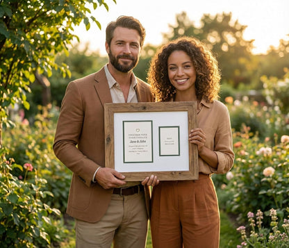 Heirloom 3.5x5 Enclosure Invitation and RSVP Keepsake Frame in Brown Genuine Hardwood 13.5x10.75 Artisan-Cut Double Mat White Paired With Metallic Gold Timeless Display