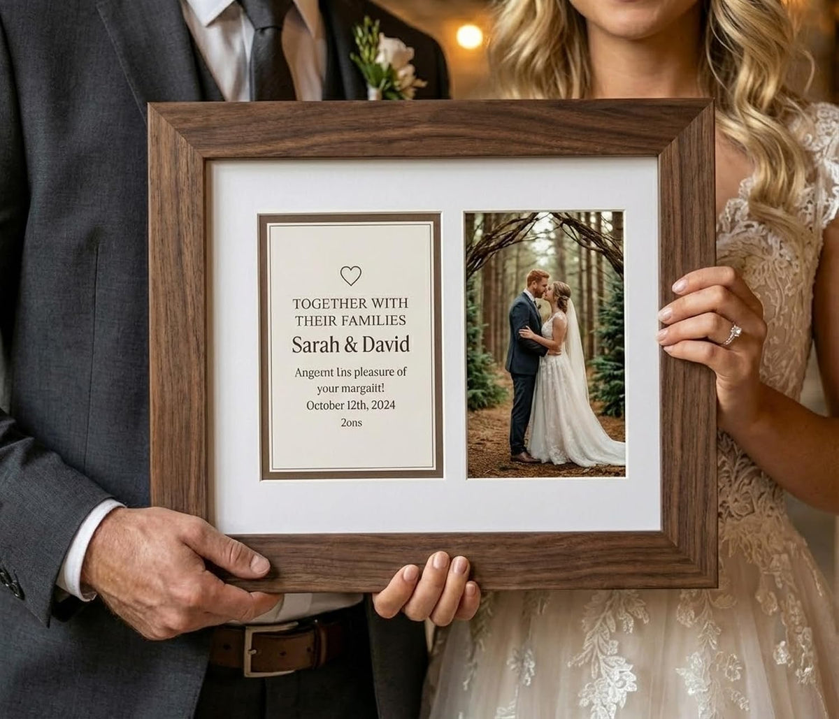 Heirloom 3.5x5 Enclosure Invitation and RSVP Keepsake Frame in Brown Genuine Hardwood 13.5x10.75 Artisan-Cut Double Mat White Paired With Metallic Gold Timeless Display