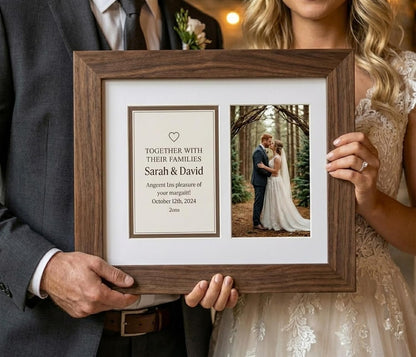 Heirloom 3.5x5 Enclosure Invitation and RSVP Keepsake Frame in Brown Genuine Hardwood 13.5x10.75 Artisan-Cut Double Mat White Paired With Metallic Gold Timeless Display
