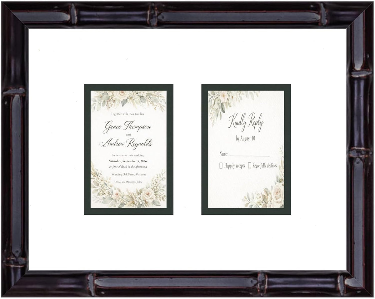 Heirloom 3.5x5 Enclosure Invitation and RSVP Keepsake Frame in Brown Genuine Hardwood 13.5x10.75 Artisan-Cut Double Mat White Paired With Metallic Gold Timeless Display