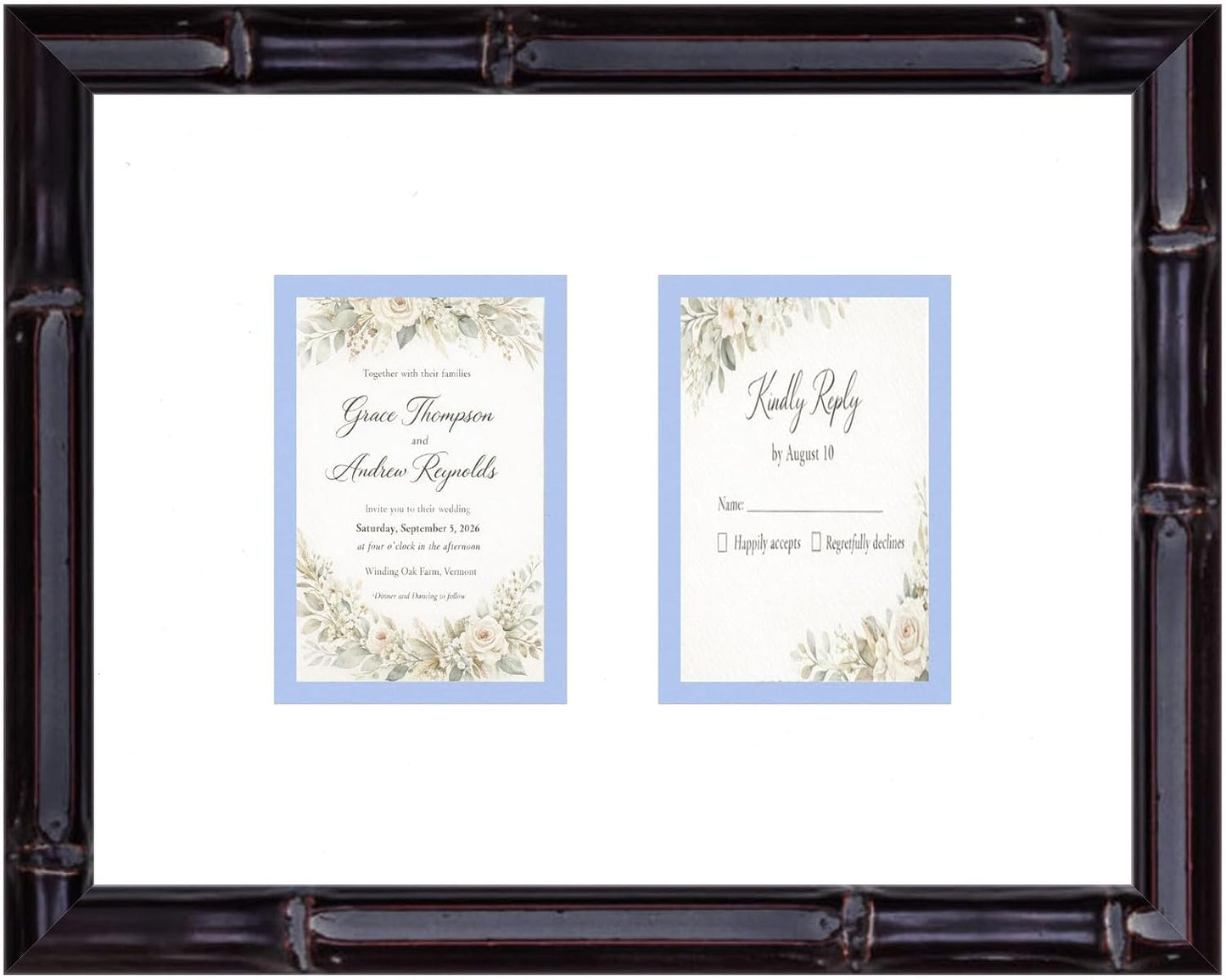 Heirloom 3.5x5 Enclosure Invitation and RSVP Keepsake Frame in Brown Genuine Hardwood 13.5x10.75 Artisan-Cut Double Mat White Paired With Metallic Gold Timeless Display
