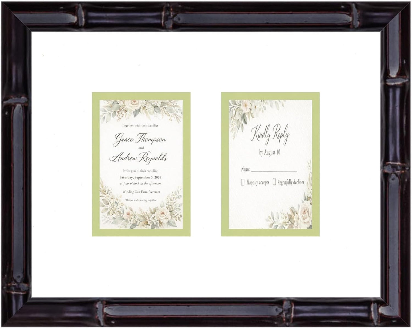 Heirloom 3.5x5 Enclosure Invitation and RSVP Keepsake Frame in Brown Genuine Hardwood 13.5x10.75 Artisan-Cut Double Mat White Paired With Metallic Gold Timeless Display