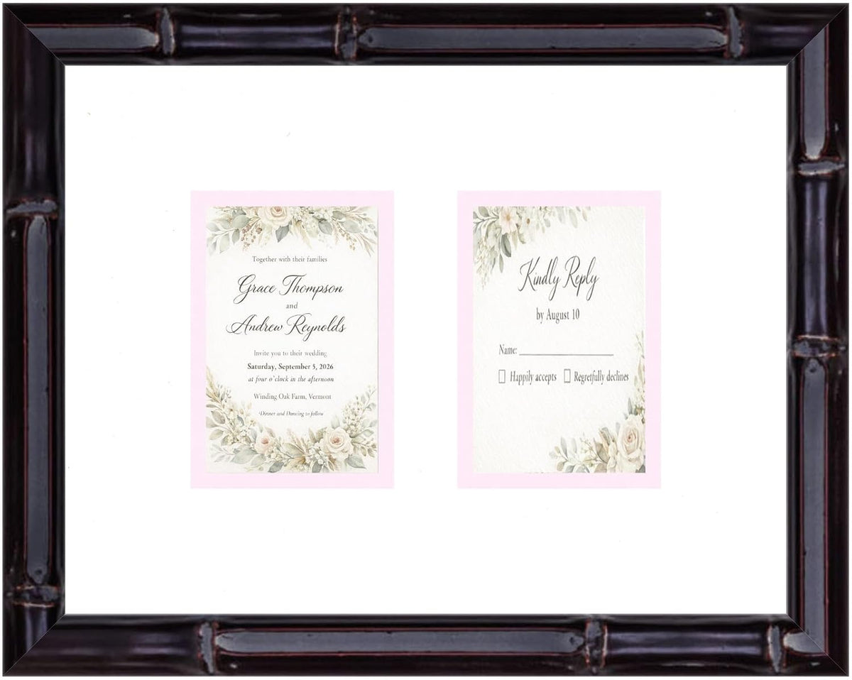 Heirloom 3.5x5 Enclosure Invitation and RSVP Keepsake Frame in Brown Genuine Hardwood 13.5x10.75 Artisan-Cut Double Mat White Paired With Metallic Gold Timeless Display