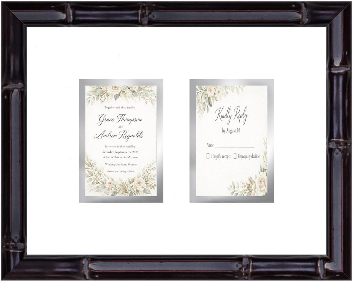 Heirloom 3.5x5 Enclosure Invitation and RSVP Keepsake Frame in Brown Genuine Hardwood 13.5x10.75 Artisan-Cut Double Mat White Paired With Metallic Gold Timeless Display