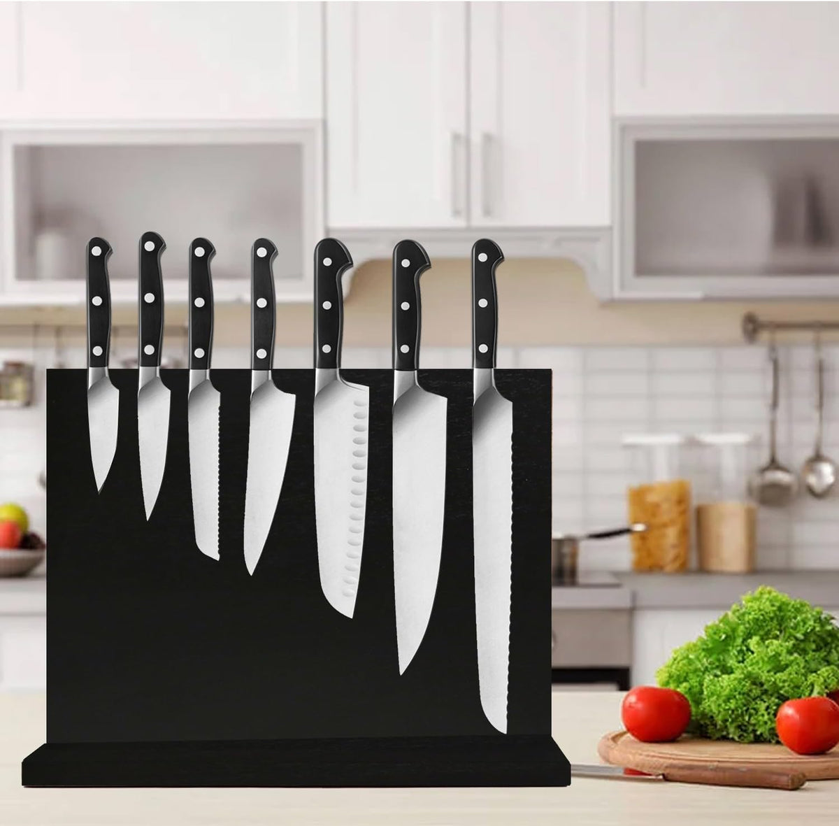 Resafy Magnetic Knife Holder-16X12 Inches Double Side Acacia Black Wooden Knife Block Rack Universal Stands with Strong Enhanced Magnets Strip for Kitchen Counter,Large Organizer Without Knives
