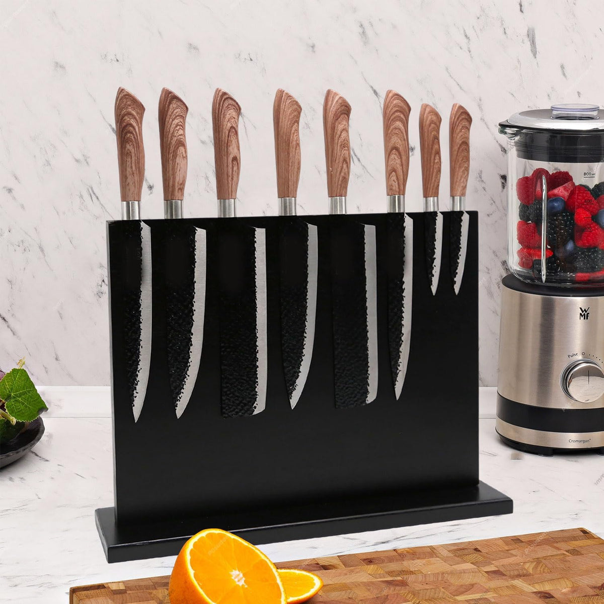 Resafy Magnetic Knife Holder-16X12 Inches Double Side Acacia Black Wooden Knife Block Rack Universal Stands with Strong Enhanced Magnets Strip for Kitchen Counter,Large Organizer Without Knives