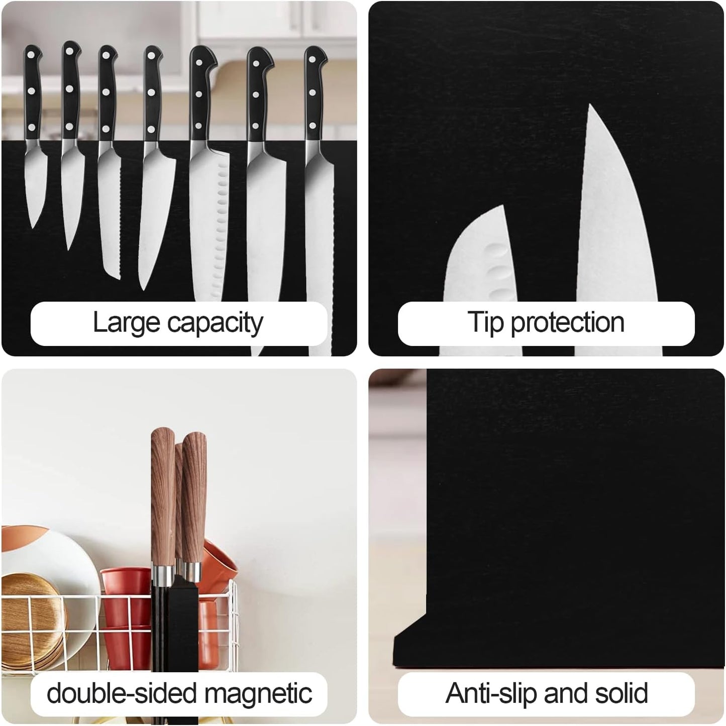 Resafy Magnetic Knife Holder-16X12 Inches Double Side Acacia Black Wooden Knife Block Rack Universal Stands with Strong Enhanced Magnets Strip for Kitchen Counter,Large Organizer Without Knives