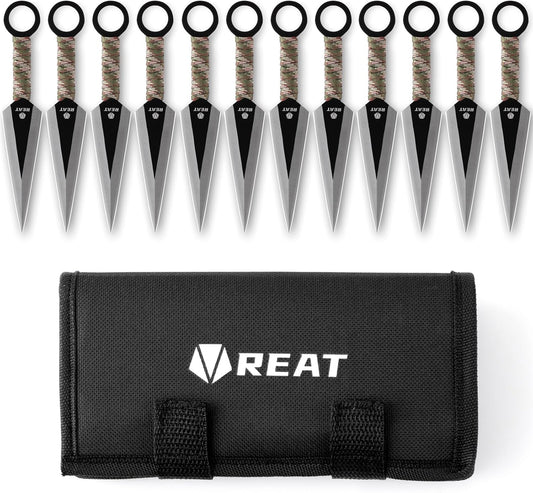 REAT Throwing Knives - 12 Piece,6.5" 440 Stainless Steel with Cord-Wrapped Handle, Includes Nylon Carrying Case for Safe Storage,Ninja Kunai Knife for Competition, Training, Recreation,Gifts for Men,Women