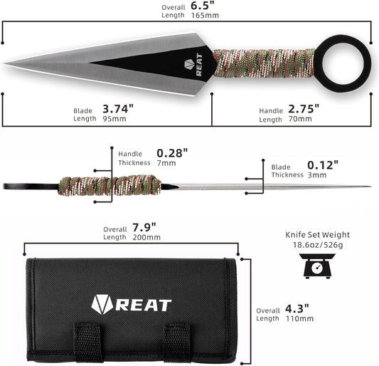REAT Throwing Knives - 12 Piece,6.5" 440 Stainless Steel with Cord-Wrapped Handle, Includes Nylon Carrying Case for Safe Storage,Ninja Kunai Knife for Competition, Training, Recreation,Gifts for Men,Women