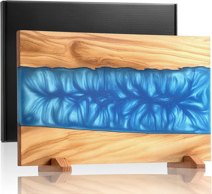 Blue Epoxy Resin Magnetic Knife Holder Block Made of Premium Olive Wood without Knives Decorative Kitchen Knife Block Resin River Design, Wooden Knife Block Strong Magnets