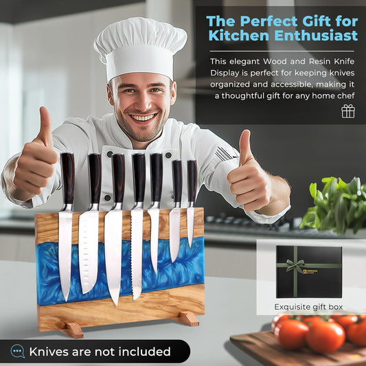 Blue Epoxy Resin Magnetic Knife Holder Block Made of Premium Olive Wood without Knives Decorative Kitchen Knife Block Resin River Design, Wooden Knife Block Strong Magnets