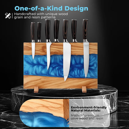 Blue Epoxy Resin Magnetic Knife Holder Block Made of Premium Olive Wood without Knives Decorative Kitchen Knife Block Resin River Design, Wooden Knife Block Strong Magnets