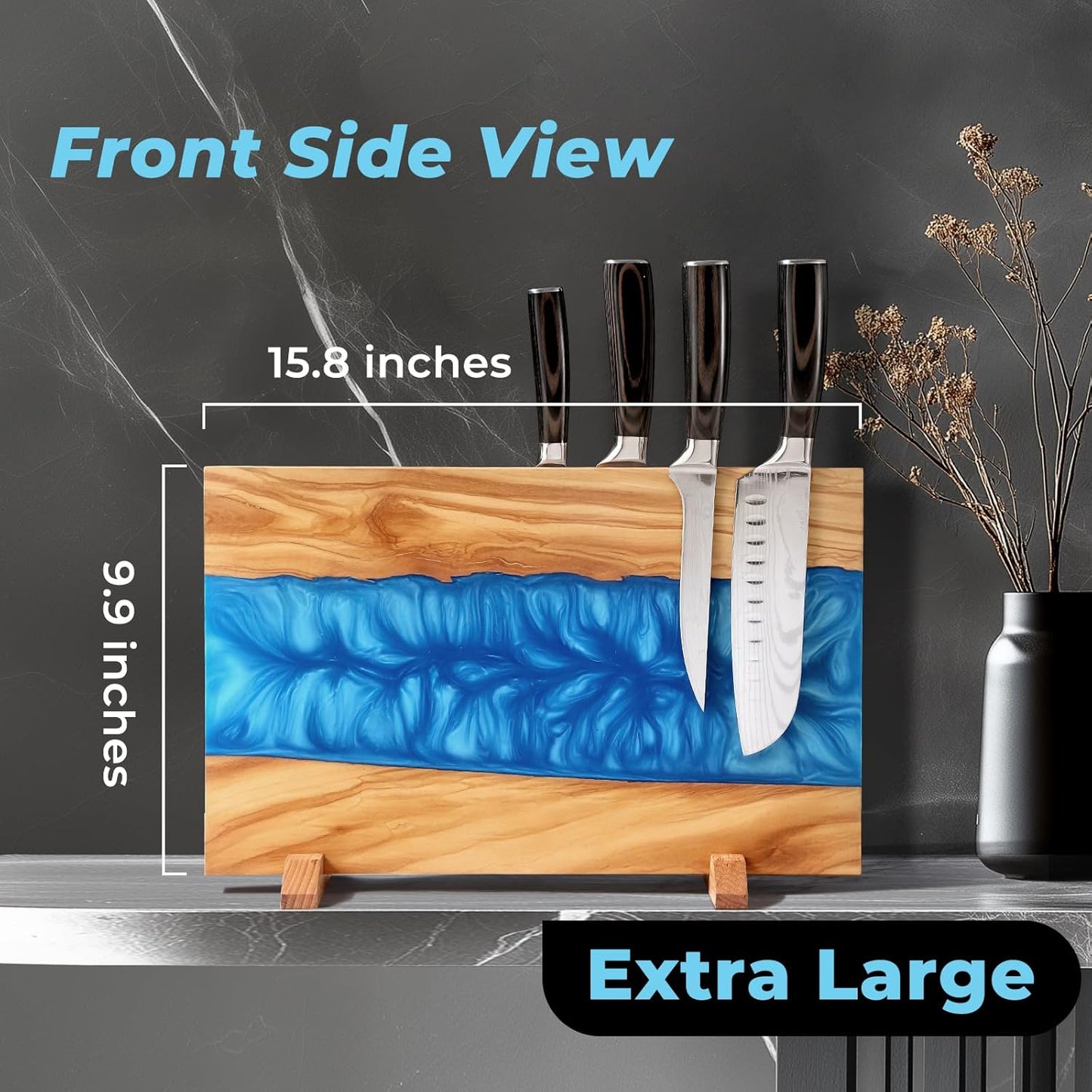 Blue Epoxy Resin Magnetic Knife Holder Block Made of Premium Olive Wood without Knives Decorative Kitchen Knife Block Resin River Design, Wooden Knife Block Strong Magnets