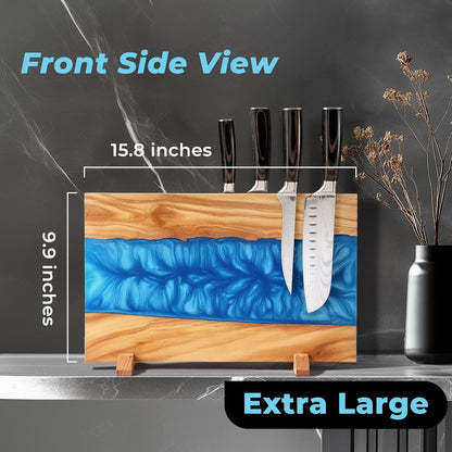Blue Epoxy Resin Magnetic Knife Holder Block Made of Premium Olive Wood without Knives Decorative Kitchen Knife Block Resin River Design, Wooden Knife Block Strong Magnets